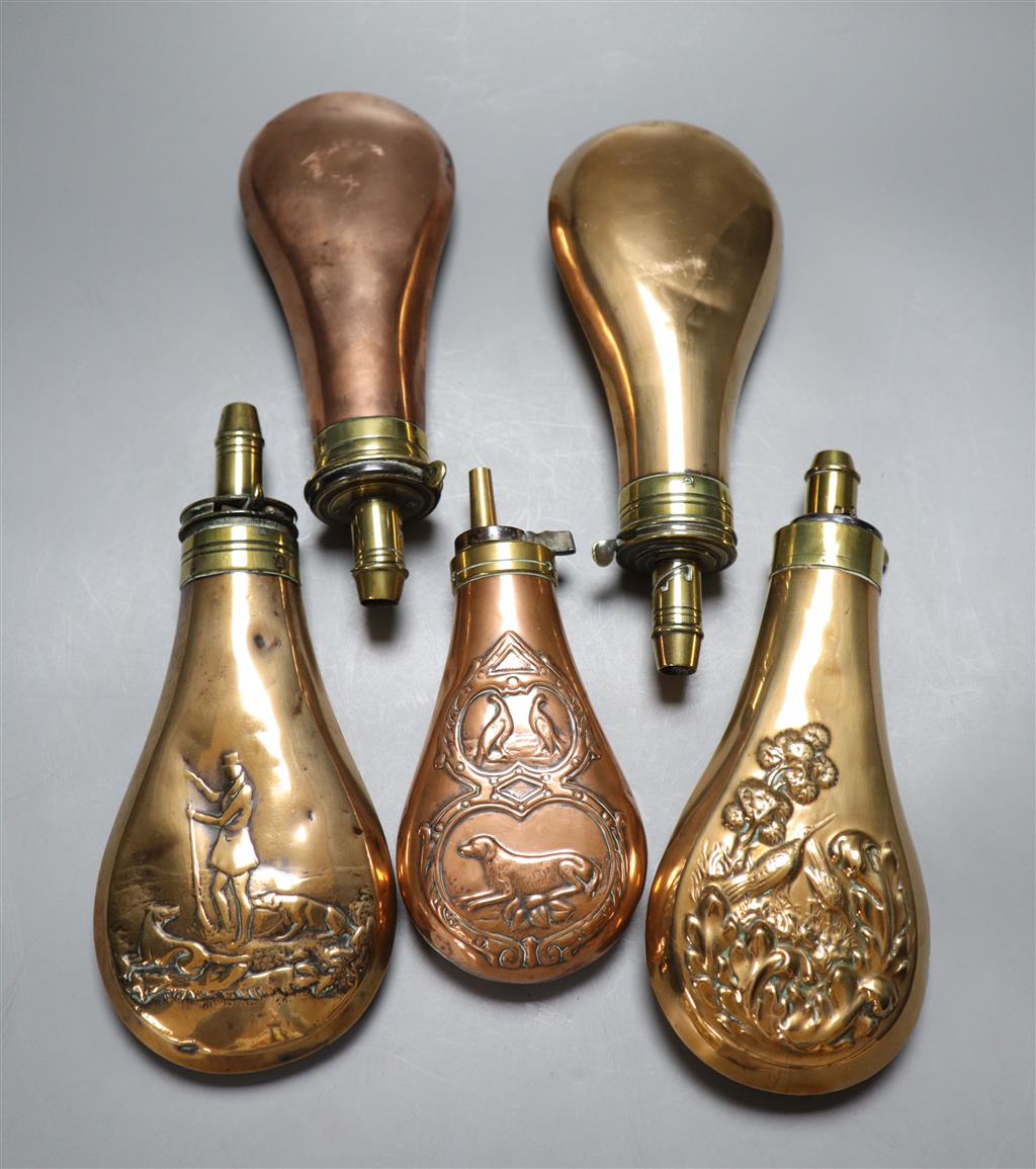 Five Victorian shooting related powder flasks